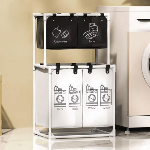 TeoMarket - Cos de Rufe, Flippy, cu 2 Etaje, 4 Cosuri, Cadru de Otel Inoxidabil, 97x44x57 cm, Alb