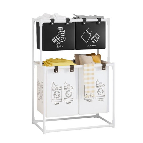 TeoMarket - Cos de Rufe, Flippy, cu 2 Etaje, 4 Cosuri, Cadru de Otel Inoxidabil, 97x44x57 cm, Alb