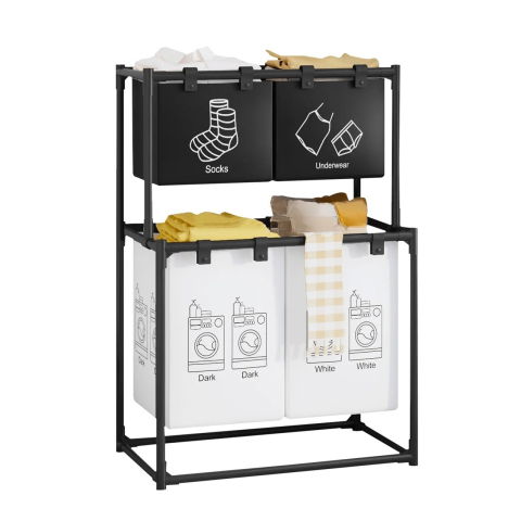 Articole pentru baie - Cos de Rufe, Flippy, cu 2 Etaje, 4 Cosuri, Cadru de Otel Inoxidabil, 97x44x57 cm, Negru