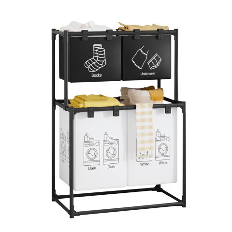 TeoMarket - Cos de Rufe, Flippy, cu 2 Etaje, 4 Cosuri, Cadru de Otel Inoxidabil, 97x44x57 cm, Negru