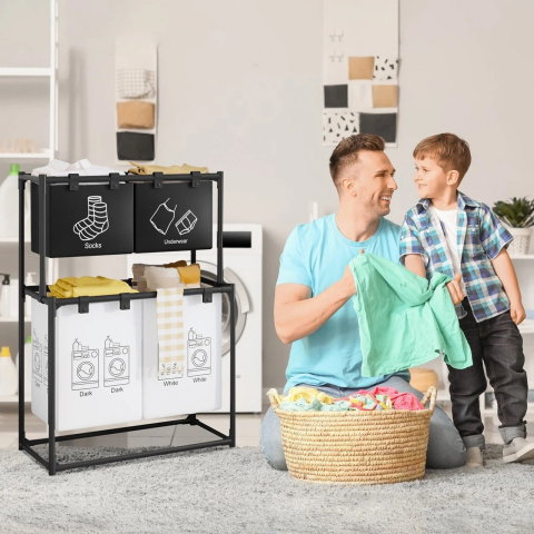 TeoMarket - Cos de Rufe, Flippy, cu 2 Etaje, 4 Cosuri, Cadru de Otel Inoxidabil, 97x44x57 cm, Negru