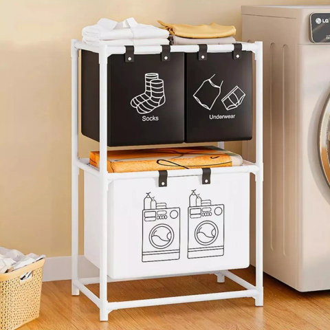 TeoMarket - Cos de Rufe, Flippy, cu 2 Etaje, Flippy, 3 Cosuri, Cadru de Otel Inoxidabil, 97x28x57 cm, Alb