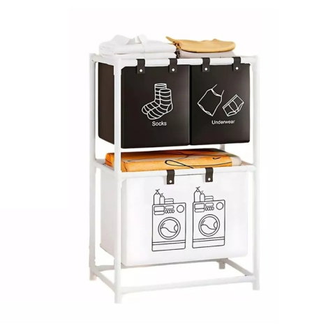 TeoMarket - Cos de Rufe, Flippy, cu 2 Etaje, Flippy, 3 Cosuri, Cadru de Otel Inoxidabil, 97x28x57 cm, Alb