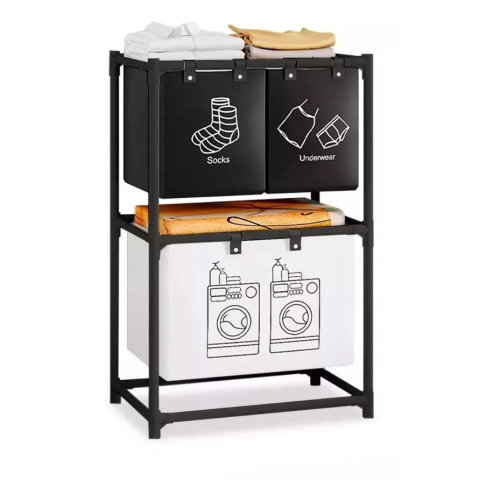 TeoMarket - Cos de Rufe, Flippy, cu 2 Etaje, Flippy, 3 Cosuri, Cadru de Otel Inoxidabil, 97x28x57 cm, Negru