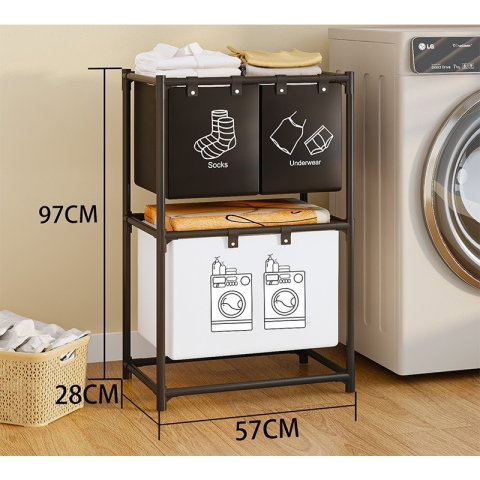 TeoMarket - Cos de Rufe, Flippy, cu 2 Etaje, Flippy, 3 Cosuri, Cadru de Otel Inoxidabil, 97x28x57 cm, Negru