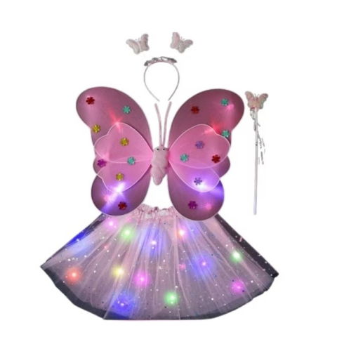 Costume si Deghizare - Costum Fluturas cu Aripi Modelabile Luminoase pentru Copii, Flippy, Fusta din Tul cu Lumini, Bagheta si Bentita, 4 piese, Pentru Halloween, Roleplay, Craciun, Carnaval, Paste, Ziua Copilului, Bumbac/P