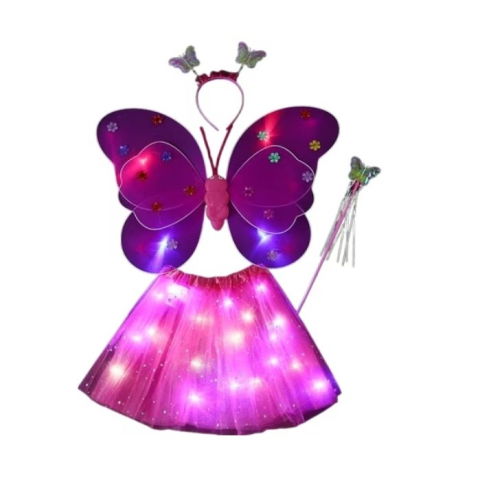 Costume si Deghizare - Costum Fluturas cu Aripi Modelabile Luminoase pentru Copii, Flippy, Fusta din Tul cu Lumini, Bagheta si Bentita, 4 piese, Pentru Halloween, Roleplay, Craciun, Carnaval, Paste, Ziua Copilului, Bumbac/P