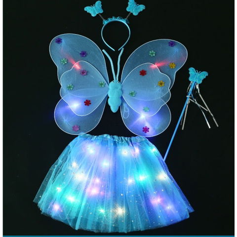 Costume si Deghizare - Costum Fluturas cu Aripi Modelabile Luminoase pentru Copii, Flippy, Fusta din Tul cu Lumini, Bagheta si Bentita, 4 piese, Pentru Halloween, Roleplay, Craciun, Carnaval, Paste, Ziua Copilului, Bumbac/P