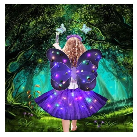 Costume si Deghizare - Costum Fluturas cu Aripi Modelabile Luminoase pentru Copii, Flippy, Fusta din Tul cu Lumini, Bagheta si Bentita, 4 piese, Pentru Halloween, Roleplay, Craciun, Carnaval, Paste, Ziua Copilului, Bumbac/P