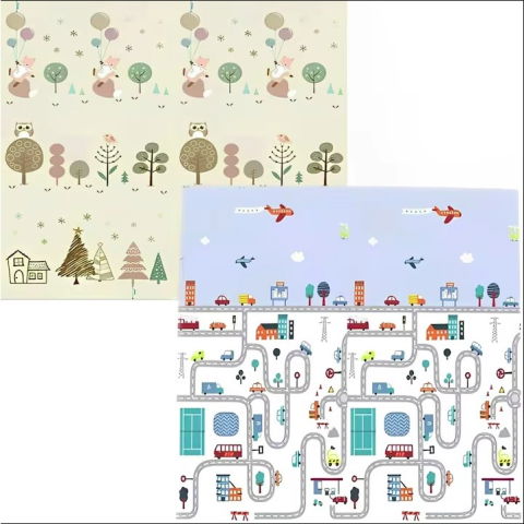 Covorase de joaca - Covoras de Joaca pentru Copii Termic cu 2 Fete, Flippy, Model Vulpi si Pista de Masini, cu Spuma, Impermeabil, Antiderapant, 200cm x 160cm x 0.6cm