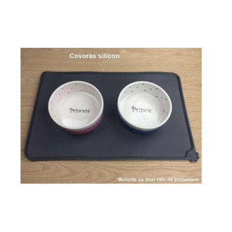 Articole pentru Animale - Covoras din silicon pentru animale Flippy, pentru bol de apa si mancare, antiderapant, margini ridicate pentru a mentine apa, 48.5x30 cm, Negru