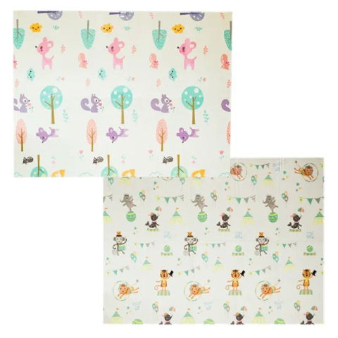 Covorase de joaca - Covoras pentru Copii, Flippy, cu 2 Fete, Model Caprioare/Circ, din XPE+PE, Impermeabil, Antiderapant, Protectie Termica, +3 Luni, Pliabil, 150 x 200 x 1 cm, Multicolor