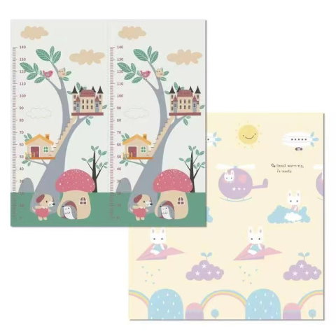 Import - Covoras pentru Copii, Flippy, cu 2 Fete, Model Casute in Copaci/Iepurasi, din XPE+PE, Impermeabil, Antiderapant, Protectie Termica, +3 Luni, Pliabil, 180 x 200 x 1.5 cm, Multicolor