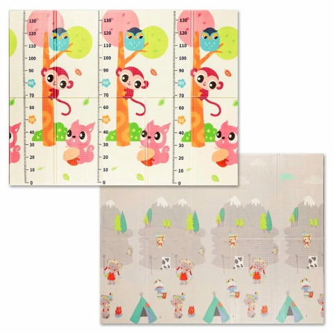 Covorase de joaca - Covoras pentru Copii, Flippy, cu 2 Fete, Model Maimute/Indieni, din XPE+PE, Impermeabil, Antiderapant, Protectie Termica, +3 Luni, Pliabil, 150 x 200 x 1 cm, Multicolor