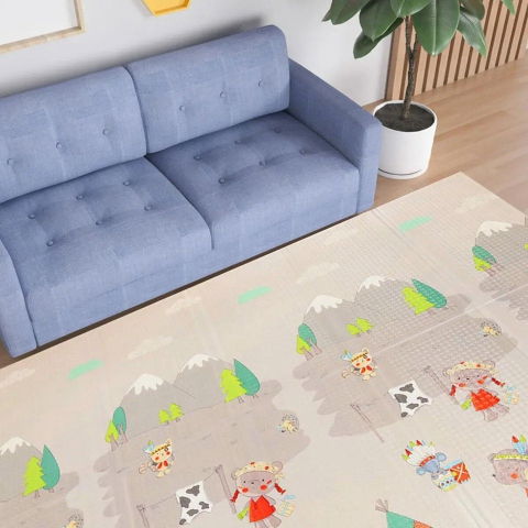 Covorase de joaca - Covoras pentru Copii, Flippy, cu 2 Fete, Model Maimute/Indieni, din XPE+PE, Impermeabil, Antiderapant, Protectie Termica, +3 Luni, Pliabil, 150 x 200 x 1 cm, Multicolor