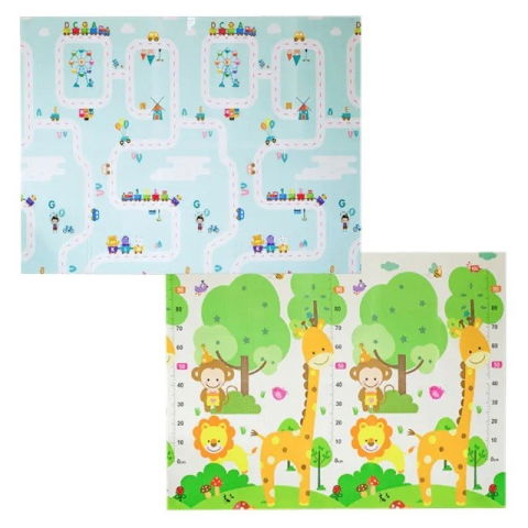 Covorase de joaca - Covoras pentru Copii, Flippy, cu 2 Fete, Model Oras/Safari, din XPE+PE, Impermeabil, Antiderapant, Protectie Termica, +3 Luni, Pliabil, 180 x 200 x 1 cm, Multicolor