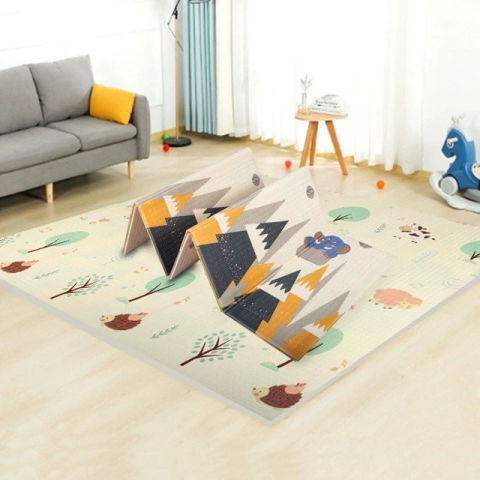 Covorase de joaca - Covoras pentru Copii, Flippy, cu 2 Fete, Model Padure/Elefanti, din XPE+PE, Impermeabil, Antiderapant, Protectie Termica, +3 Luni, Pliabil, 180 x 200 x 1.5 cm, Multicolor