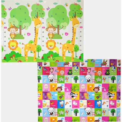 Covorase de joaca - Covoras pentru Copii, Flippy, cu 2 Fete, Model Safari/Animale, din XPE+PE, Impermeabil, Antiderapant, Protectie Termica, +3 Luni, Pliabil, 150 x 200 x 1 cm, Multicolor
