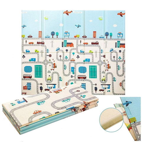 Covorase de joaca - Covoras pentru Copii, Flippy, cu 2 Fete, Model Trafic/Girafe, din XPE+PE, Impermeabil, Antiderapant, Protectie Termica, +3 Luni, Pliabil, 180 x 200 x 1 cm, Multicolor