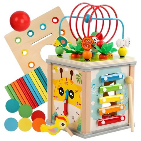 Import - Cub Educativ Montessori din Lemn, Flippy, Multifunctional, Sortare Forme si Culori, Activitati Educative, Multicolor, Jucarie Interactiva