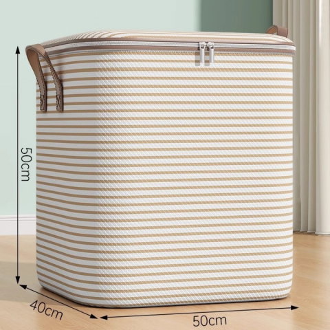 TeoMarket - Cutie de Depozitare cu Fermoar, Flippy, Pliabila, Maner Ranforsat, Fermoar Rezistent, pentru Haine, Paturi, Plapume, Perne, Lenjerii de Pat, Jucarii, 50x40x50 cm, 100 Litri, in Dungi, Bej