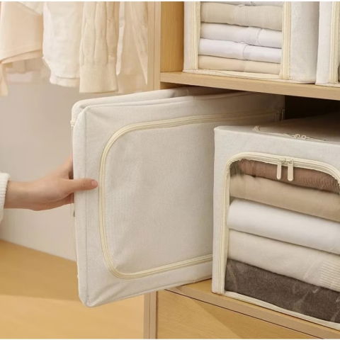 Cutii depozitare - Cutie de Depozitare, Flippy, 56L, din In si Bumbac, Pliabila, Cadru din Otel, 53 x 35 x 30 cm, Kaki