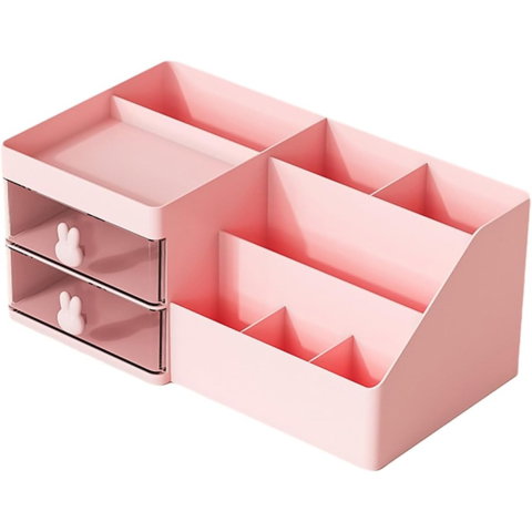 TeoMarket - Cutie de Depozitare pentru Birou, Flippy, Pentru Makeup, Papetarie, Organizator Cosmetice, 2 Sertare si Compartimente Multiple, Model Iepuras, Plastic, 27.5x15.5x12 cm, Roz