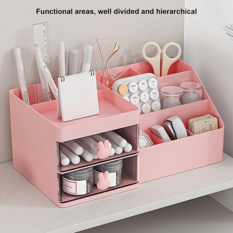 TeoMarket - Cutie de Depozitare pentru Birou, Flippy, Pentru Makeup, Papetarie, Organizator Cosmetice, 2 Sertare si Compartimente Multiple, Model Iepuras, Plastic, 27.5x15.5x12 cm, Roz