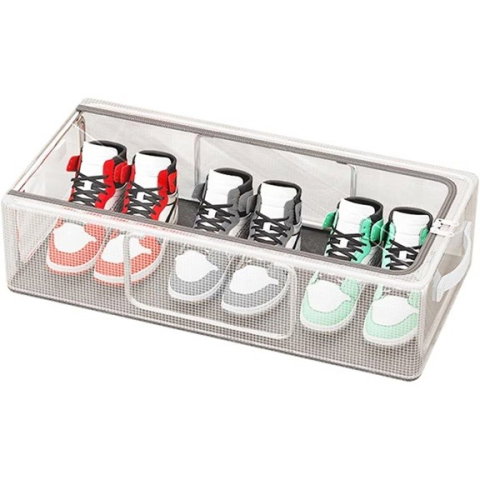 TeoMarket - Cutie de Depozitare pentru Pantofi, Flippy, 40x30x21 cm, din Plasa PVC Impermeabila si Cadru de Otel, Pliabila, Fermoar Bidirectional, Transparenta