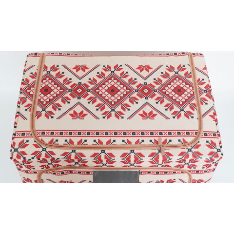 Cutii depozitare - Cutie de Depozitare Pliabila, Flippy,100 L din Bumbac si In, 60X42X40 cm, Fereastra Frontala, 2 Usi de Acces cu Fermoar Bidirectional, Cadru Metalic, Suport Baza Stabil din Plastic, Motiv Traditional 