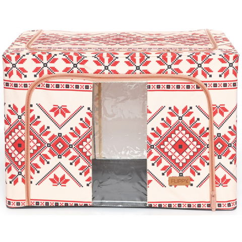 Cutii depozitare - Cutie de Depozitare Pliabila, Flippy,100 L din Bumbac si In, 60X42X40 cm, Fereastra Frontala, 2 Usi de Acces cu Fermoar Bidirectional, Cadru Metalic, Suport Baza Stabil din Plastic, Motiv Traditional 