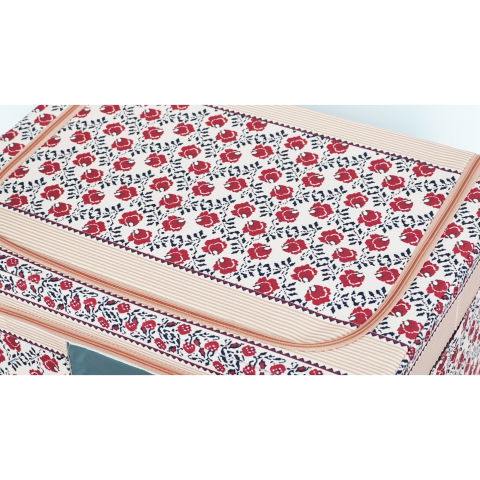 Cutii depozitare - Cutie de Depozitare Pliabila, Flippy,100 L din Bumbac si In, 60X42X40 cm, Fereastra Frontala, 2 Usi de Acces cu Fermoar Bidirectional, Cadru Metalic, Suport Baza Stabil din Plastic, Motiv Traditional 