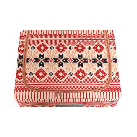 Cutii depozitare - Cutie de Depozitare Pliabila, Flippy,100 L din Bumbac si In, 60X42X40 cm, Fereastra Frontala, 2 Usi de Acces cu Fermoar Bidirectional, Cadru Metalic, Suport Baza Stabil din Plastic, Motiv Traditional 