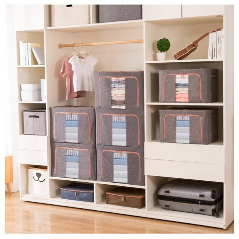 Import - Cutie de Depozitare Pliabila, Flippy, 24 L, din Bumbac si In, 40x30x20 cm, 2 Ferestre, Frontala si Laterala, 2 Usi de Acces cu Fermoar Bidirectional, Cadru Metalic, Suport Baza Stabil din Plastic, Gri