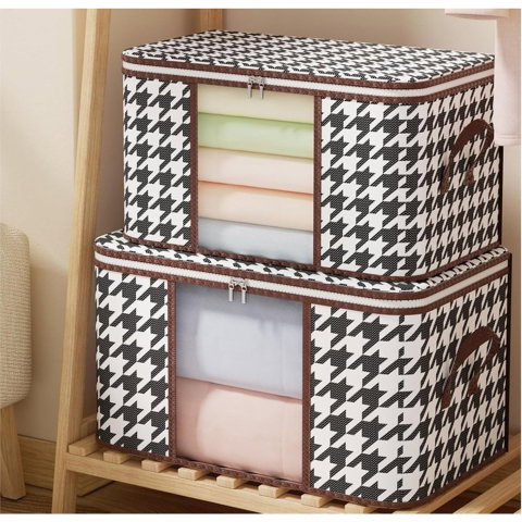 TeoMarket - Cutie de Depozitare Pliabila, Flippy, 55x35x25 cm, 50 L, Fereastra Frontala, cu Fermoar Bidirectional, Suport Baza Stabil, Imprimeu in Carouri, Alb/Negru