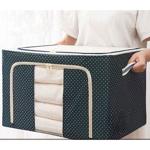 Cutii depozitare - Cutie de Depozitare Pliabila, Flippy, Cu Fermoar, 66 L, Textil, 50 x 40 x 33 cm, Cadru Metalic, Suport Baza Stabil din Plastic, Imprimeu Buline, Albastru Marin