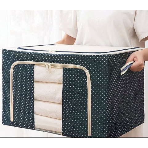 TeoMarket - Cutie de Depozitare Pliabila, Flippy, Cu Fermoar, 66 L, Textil, 50 x 40 x 33 cm, Cadru Metalic, Suport Baza Stabil din Plastic, Imprimeu Buline, Albastru Marin