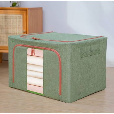 Cutii depozitare - Cutie de Depozitare Pliabila, Flippy, Cu fermoar Bidirectional, 66 L, Textil, 50x40x33 cm, Cadru Metalic, o Fereastra, Suport Baza Stabil din Plastic, Verde