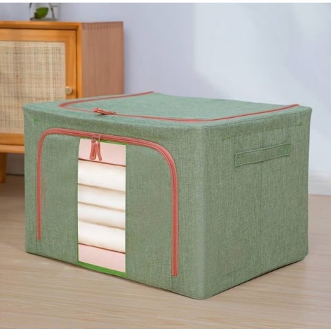 TeoMarket - Cutie de Depozitare Pliabila, Flippy, Cu fermoar Bidirectional, 66 L, Textil, 50x40x33 cm, Cadru Metalic, o Fereastra, Suport Baza Stabil din Plastic, Verde