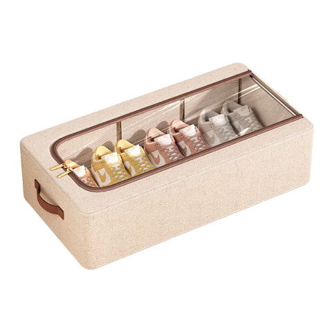 Cutii depozitare - Cutie Depozitare cu Cadru Metalic, Flippy, pentru Incaltaminte, Haine, Lingerie, Fermoar Calitativ, Fereastra Transparenta, Manere Laterale, 60 x 30 x 15 cm Bej