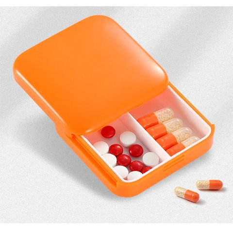 Import - Cutie depozitare medicamente, 2 compartimente, Glisanta, Portocaliu, Patrata, Flippy, Inchidere etans