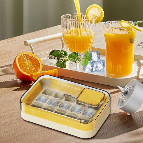 Forme cuburi de gheata - Cutie Gheata, 15 Cuburi, Cu Sistem de Presare Spate, Capac de Umplere și Evacuare, 1 L, 16.5 x 11.2 x 4.5 cm, Galben