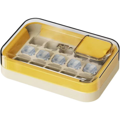 Forme cuburi de gheata - Cutie Gheata, 15 Cuburi, Cu Sistem de Presare Spate, Capac de Umplere și Evacuare, 1 L, 16.5 x 11.2 x 4.5 cm, Galben