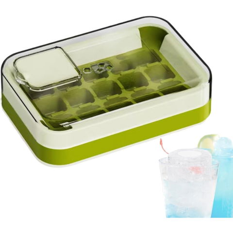 Forme cuburi de gheata - Cutie Gheata, 15 Cuburi, Cu Sistem de Presare Spate, Capac de Umplere și Evacuare, 1 L, 16.5 x 11.2 x 4.5 cm, Verde