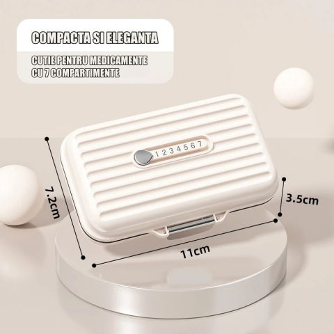 Cutii depozitare - Cutie Medicamente, Flippy, Bej, 7 Compartimente, Portabila si Compacta, 11x7.2x3.5 cm, Ideala pentru Uzul Cotidian