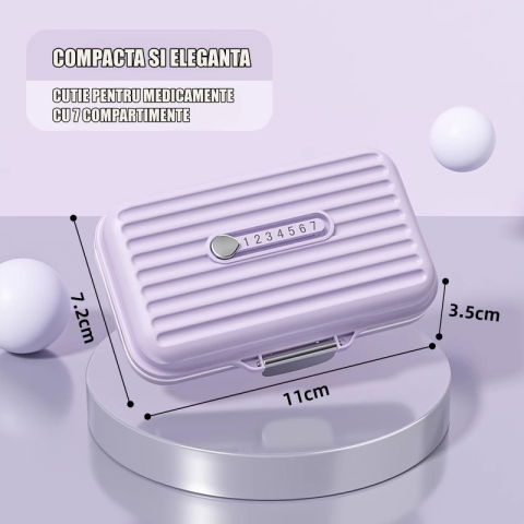 Cutii depozitare - Cutie Medicamente, Flippy, Mov, 7 Compartimente, Portabila si Compacta, 11x7.2x3.5 cm, Ideala pentru Uzul Cotidian