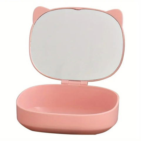 Organizatoare - Cutie Organizatoare cu Oglinda, Flippy, 4 Compartimente, pentru Cosmetice si Accesorii, din ABS, 17x13x6 cm, Roz