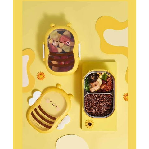 Organizatoare si Depozitare Bucatarie - Cutie pentru Pranz, Flippy, din PP si Otel Inoxidabil, Model Albina, 2 Compartimente, 301-500 ml, Galben