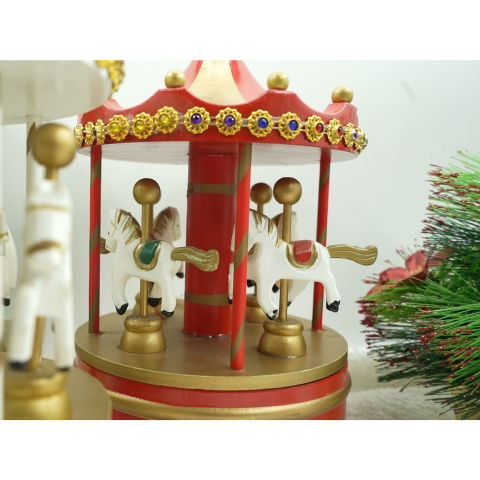 Best deals - Cutiuta muzicala decorata de Craciun, Carusel rotativ, Rosu, din Lemn, Interior, Flippy