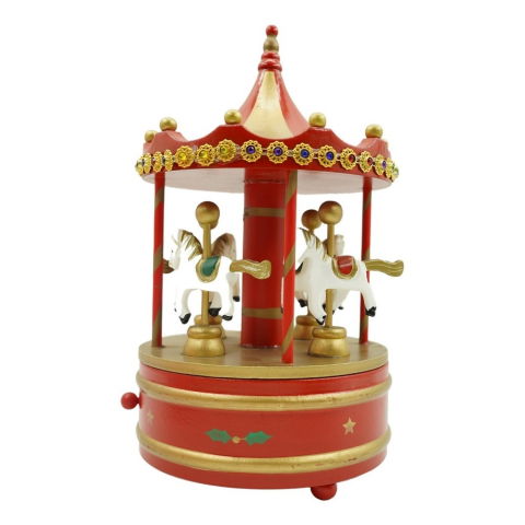 Best deals - Cutiuta muzicala decorata de Craciun, Carusel rotativ, Rosu, din Lemn, Interior, Flippy